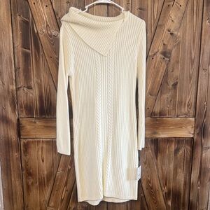 Calvin Klein Cream Ribbed Cowl-Neck Sweater Dress